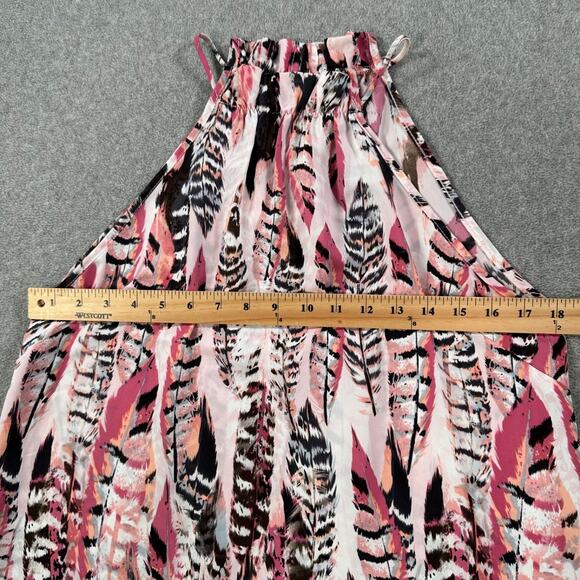 Pants Store Pink Feather Peacock Print Mini Dress Size Medium High Neck Halter - Picture 5 of 9